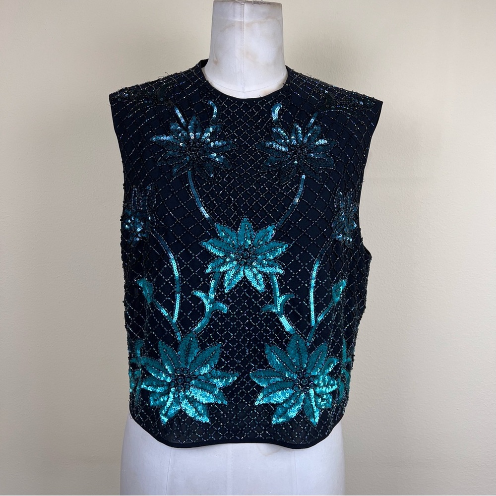 NEEDLE & THREAD black green ombre mesh beaded sequin sleeveless cropped top